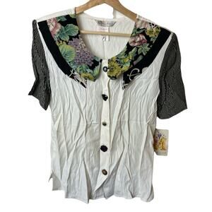 Vntg Melrose White Short Sleeve Chelsea Collar Floral Print Blouse Women's 6 NWT